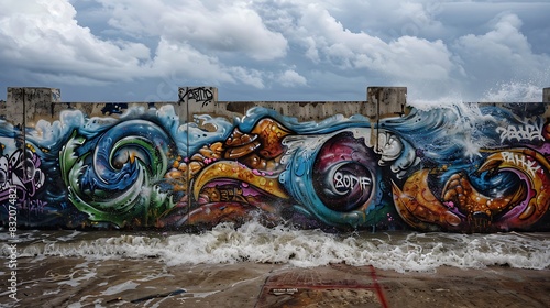 A wall with graffiti art that captures the essence of a stormy sea