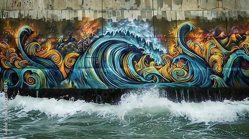 A wall with graffiti art that captures the essence of a stormy sea