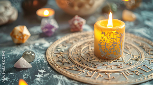 Zodiac wheel natal chart burning candle astrology dice
