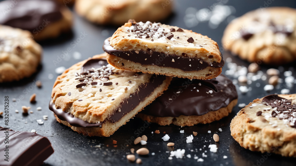 Crisp biscotti cookies dipped in dark chocolate and finished with a sprinkling of sea salt, an elegant treat for coffee breaks, Generative AI Crisp biscotti cookies dipped in dark chocolate and finished with a sprinkling of sea salt, an elegant treat for coffee breaks, Generative AI