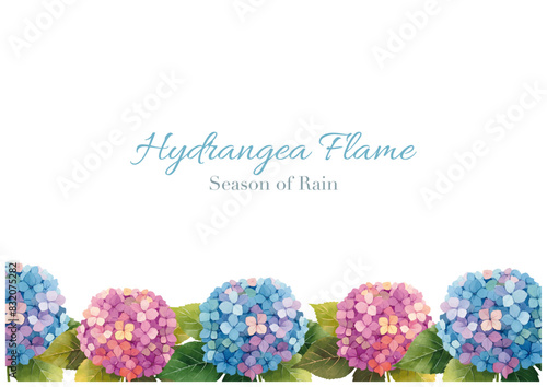 水彩テイストの紫陽花のフレーム　白背景