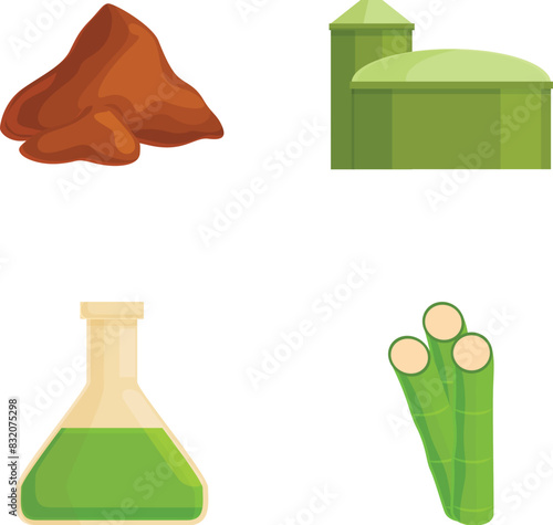 Vector set of farm elements heap of soil, grain storage, fertilizer, and fresh vegetables