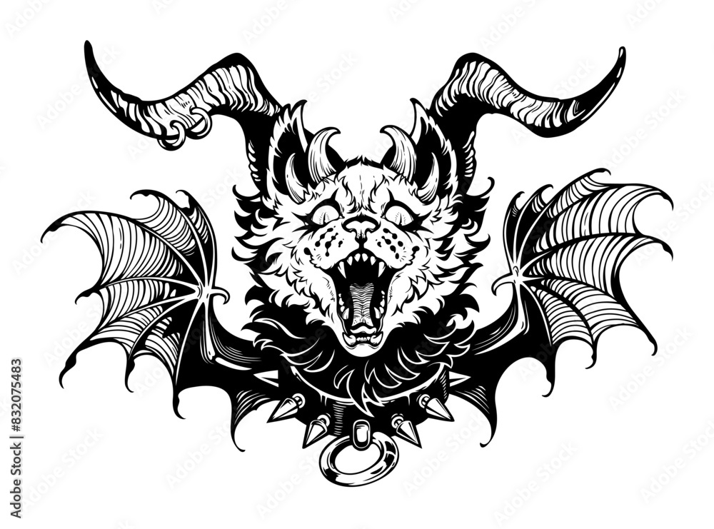 Obraz premium Devil cat with horns and wings. Vector contour drawing
