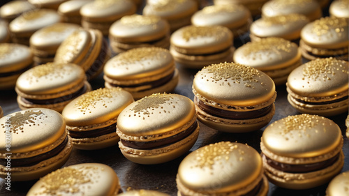 Elegant French macarons filled with decadent ganache and delicately topped with a shimmering gold glaze, a luxurious dessert for special occasions, Generative AI photo