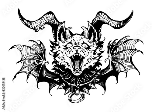 Devil cat with horns and wings. Vector contour drawing