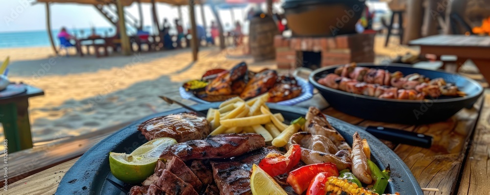 Delicious beachside barbecue feast with assorted grilled meats and vegetables, perfect for a summer day by the ocean. Delicious beachside barbecue feast with assorted grilled meats and vegetables, perfect for a summer day by the ocean.