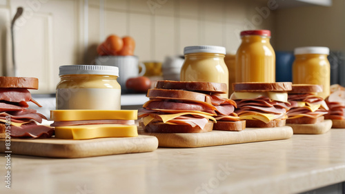 A lineup of processed meats, cheese slices, and mayo jars cluttering the kitchen counter, ingredients for unhealthy sandwiches and snacks, Generative AI