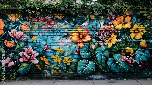 A wall with graffiti art that captures the essence of a blooming garden, vibrant petals and lush foliage