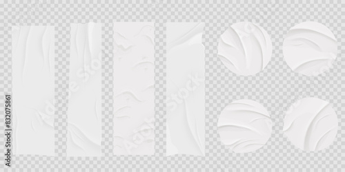 Glued circle paper wrinkled effect sticker, empty frame, badge mockup isolated. Set round tags textured patches. Crumpled poster, label