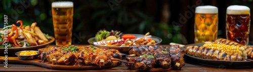 A delectable spread of grilled meats, vegetables, and beers perfect for a satisfying meal in an outdoor setting. photo