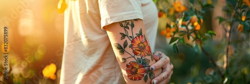 closeup of flower tattoo on a women's arm