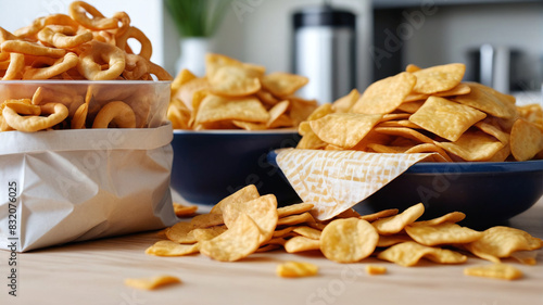 Bags of salty snacks like pretzels, cheese puffs, and tortilla chips piled high on the kitchen counter, contributing to excessive sodium intake, Generative AI photo