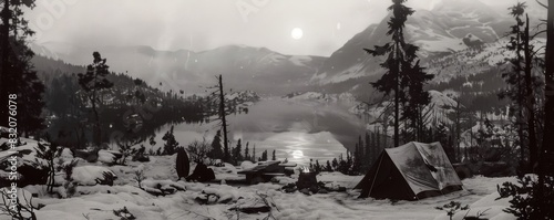 Scenic monochrome winter landscape with snow-covered trees, lake, and mountains. Campsite with tent in the foreground under the overcast sky.
