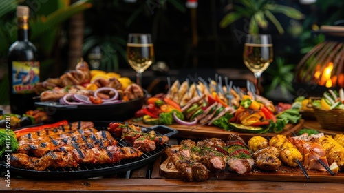 A lavish outdoor dinner spread with grilled meats, vegetables, wine glasses, and vibrant greenery in the background. photo