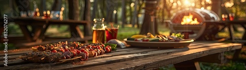 Outdoor barbecue scene with grilled skewers and vegetables on a wooden table. Perfect for summer gatherings and festive celebrations.