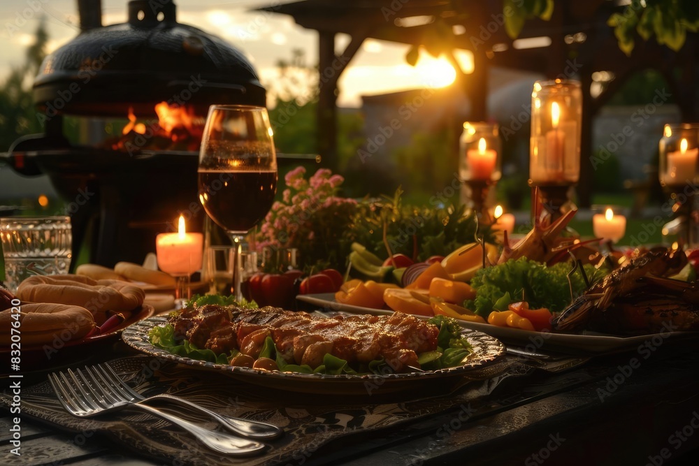 Delightful outdoor evening dinner setting with wine, gourmet food, and candlelight ambiance, ideal for romantic or festive events. Delightful outdoor evening dinner setting with wine, gourmet food, and candlelight ambiance, ideal for romantic or festive events.