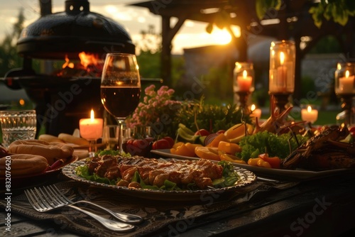 Delightful outdoor evening dinner setting with wine, gourmet food, and candlelight ambiance, ideal for romantic or festive events.