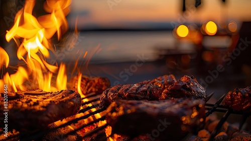 Barbecue grill with meat cooking on open flame during sunset by the lake. Perfect for summer outdoor dining and grilling enthusiasts.