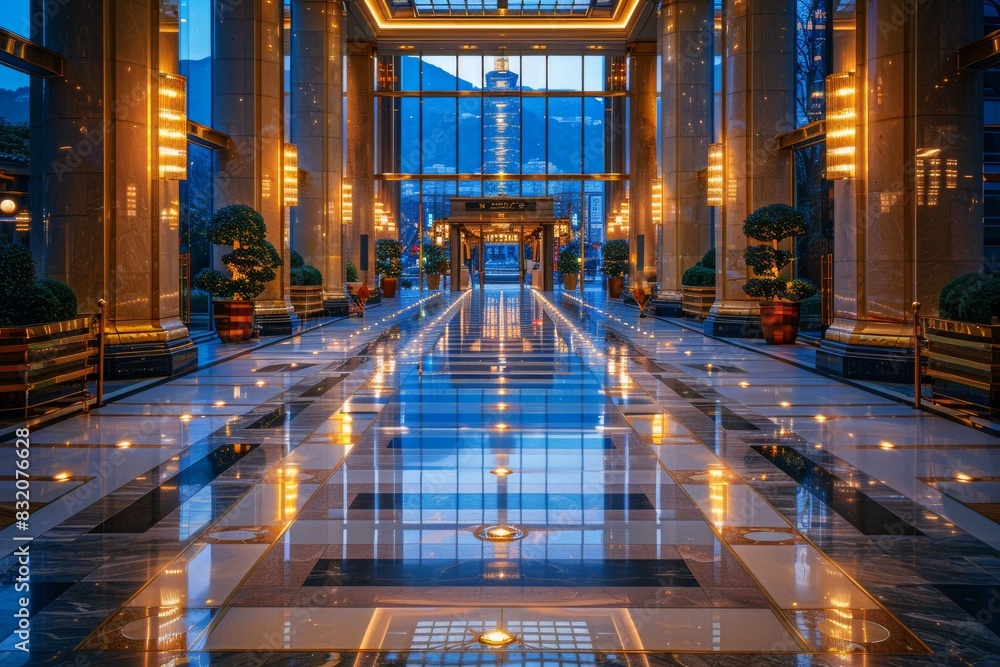 Fototapeta premium Elegant hotel lobby with blue marble flooring and stylish decor for a luxurious and inviting ambiance