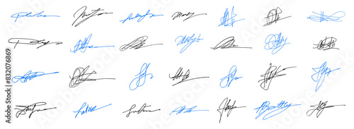 Handwritten collection of fake scribble signature in ink. Handwritten set of inked autographs. Collection of imaginary scribble signatures.
