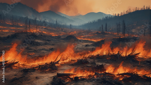 Painting depicting scorched landscapes and wildfires  a visual narrative of the escalating temperatures caused by climate change  Generative AI