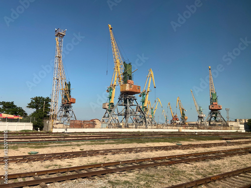 Port infrastructure. Cranes railway in the port of Feodosia Crimea