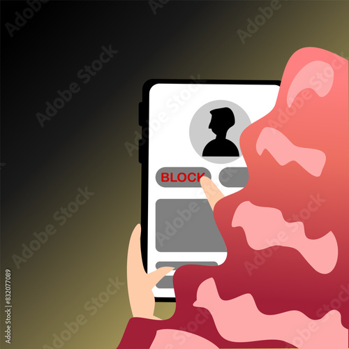 Vector illustration. Concept of blocking people on social media, woman's back view. Blocking someone's account on social media.