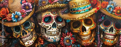 Four sugar skulls with colorful floral decorations and sombreros.
