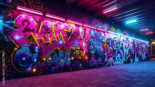 A wall with graffiti art that captures the essence of a neon-lit carnival at midnight