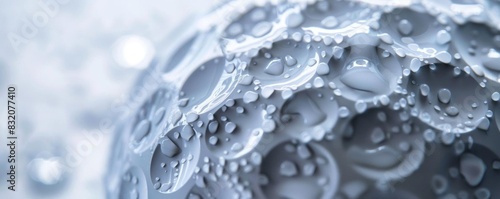 Extreme closeup of a golf ball showing the intricate pattern of dimples and the manufacturers logo Isolated on a white background to focus on the details photo