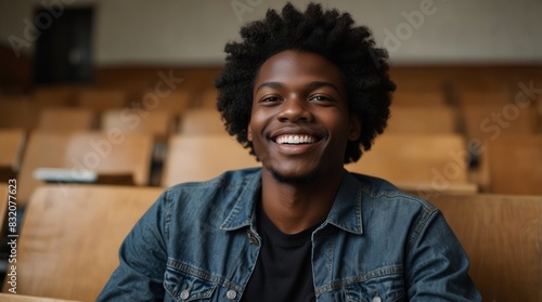 Portrait of an black afro american happy university student sitting in a college lecture hall photo
