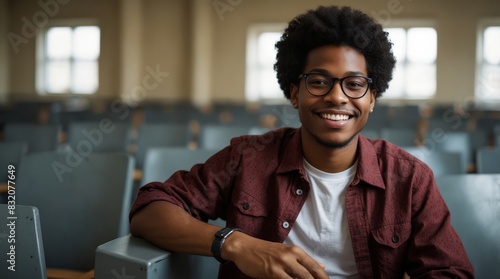 Smiling African American happy university student sitting in a college lecture hall