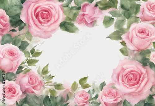 Border made of pink watercolor roses flowers and green leaves wedding and greeting illustration