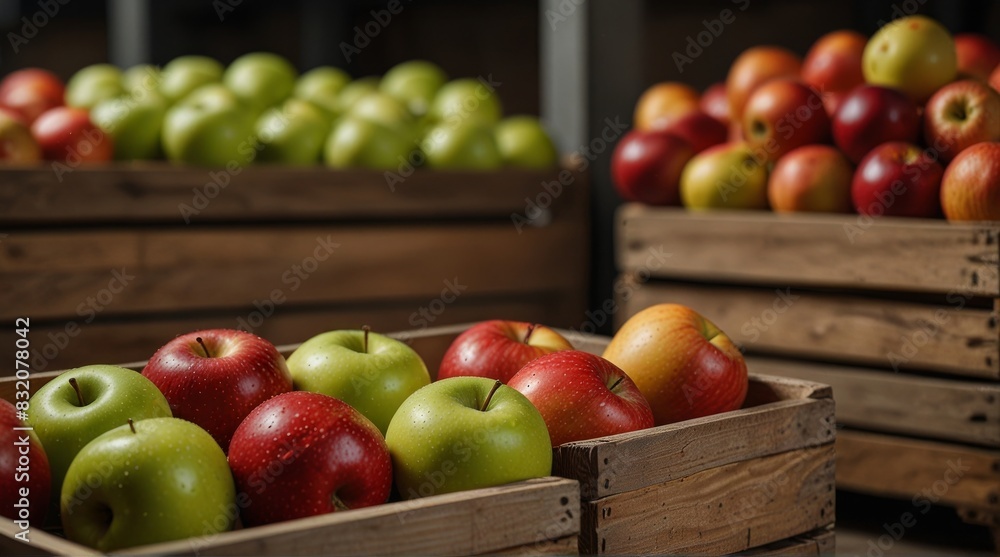 Ripe organic apples stored in wooden crates at warehouse with blurred background and space for text, close up Ripe organic apples stored in wooden crates at warehouse with blurred background and space for text, close up