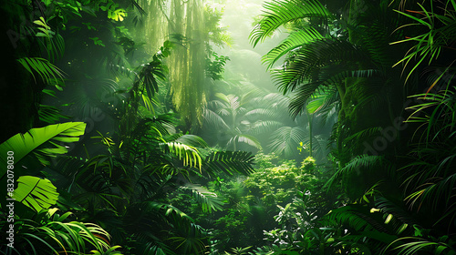 lush green foliage of a tropical rainforest with sunlight streaming through the canopy