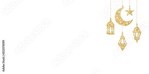 Ramadan or Al-Adha traditional decoration. Golden glitter garland with hanging crescent, star and lanterns. Muslim holidays corner frame. Transparent background in vector or PNG file.