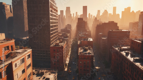Illustration capturing the oppressive heat of a sun-scorched cityscape, where buildings shimmer in the blazing sunlight, Generative AI