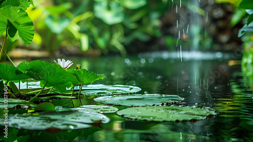 The image is a beautiful nature scene of a pond with lily pads and a flower. The water is clear and still. The lily pads are green and lush.