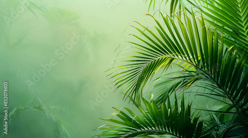 Green palm leaves against a blurred background. The leaves are lush and vibrant  and the background is soft and inviting.