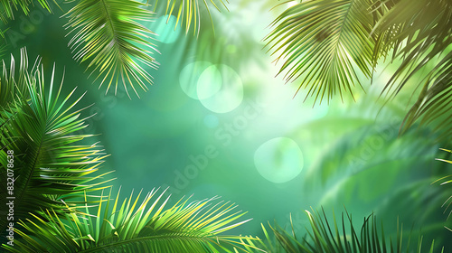 lush green palm leaves against a blurred background with a bright spot in the center.