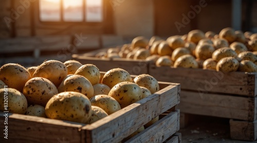 Ripe organic potatoes stored in wooden crates at warehouse with blurred background and space for text, close up.