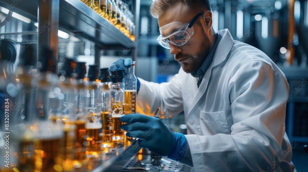 Rea a brewery scientist testing beer samples in glass tubes, analyzing beer quality with measuring devices, different angles and lighting Rea a brewery scientist testing beer samples in glass tubes, analyzing beer quality with measuring devices, different angles and lighting