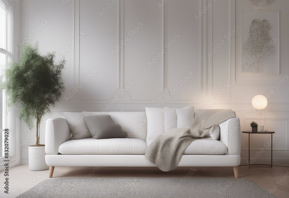 Cozy white sofa against window Scandinavian style home interior design of modern living room Cozy white sofa against window Scandinavian style home interior design of modern living room