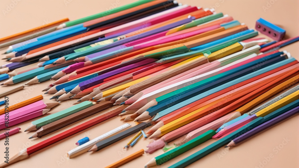 Fototapeta premium Pencils, erasers, and sharpeners arranged neatly on a desktop, ready for a day of learning and creativity, Generative AI
