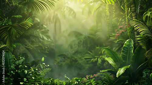 lush green foliage of a tropical rainforest with bright sun rays shining through the dense canopy