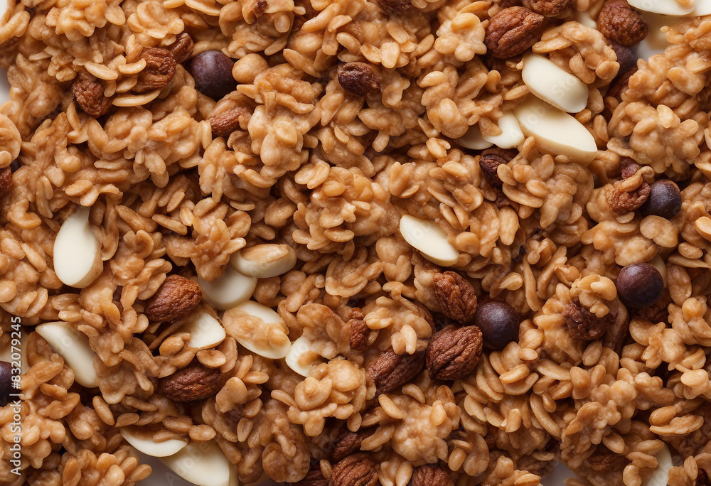 Crunchy granola muesli pile with nuts isolated on white background top view Crunchy granola muesli pile with nuts isolated on white background top view