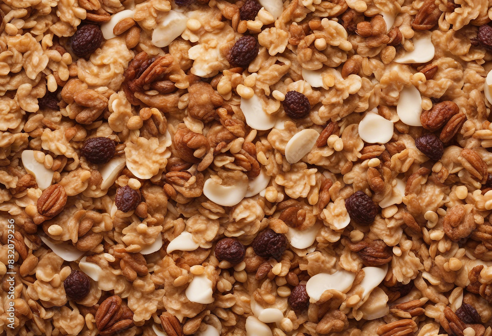 Crunchy granola muesli pile with nuts isolated on white background top view Crunchy granola muesli pile with nuts isolated on white background top view