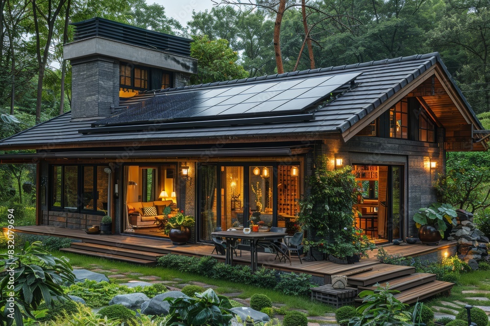 A quaint rural house nestled amidst lush greenery, its roof adorned with solar panels, blending harmoniously with the serene natural surroundings. A quaint rural house nestled amidst lush greenery, its roof adorned with solar panels, blending harmoniously with the serene natural surroundings.