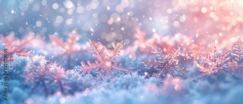 Snowflakes in fluffy snow with sparkles, white, pink, and blue tones, digital watercolor, soft and dreamy, high detail photo