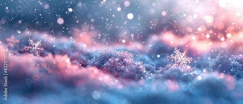 Snowflakes in fluffy snow with sparkles, white, pink, and blue tones, digital watercolor, soft and dreamy, high detail photo